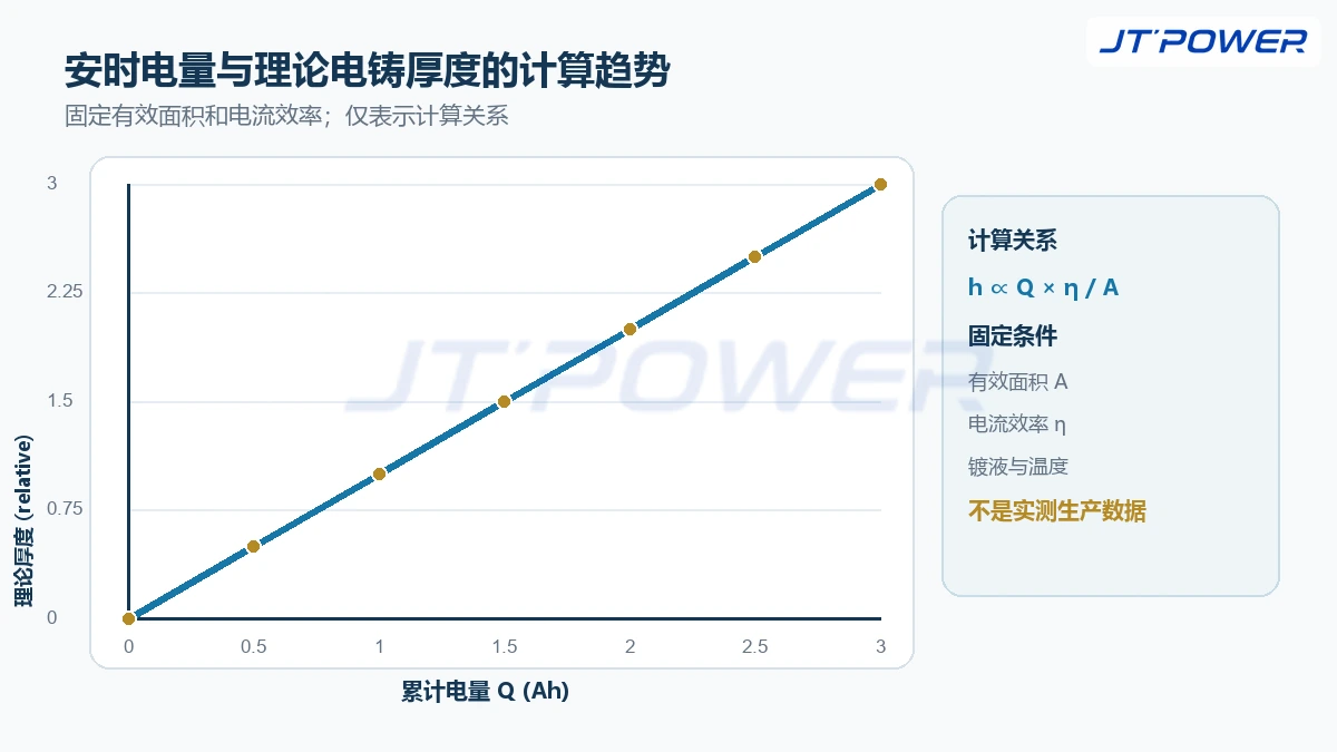 固定有效面积和电流效率条件下累计安时电量与理论电铸厚度计算趋势图