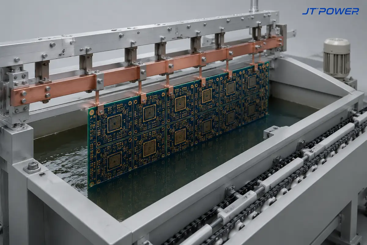 PCB 板件入镀铜槽：母排与挂架（工业可视化）