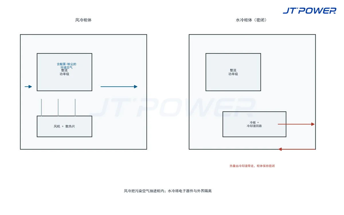 密闭水冷柜与风冷柜冷却方式对比示意（工程图）