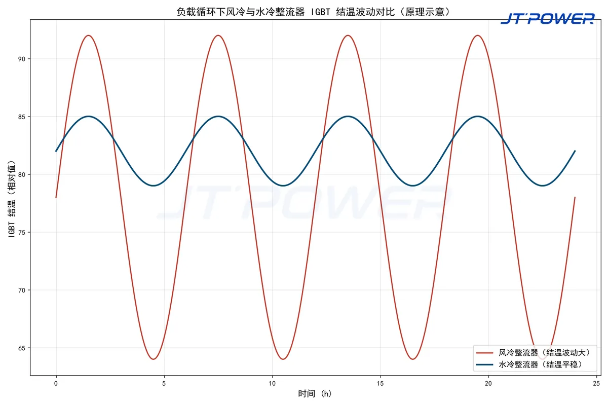 负载循环下风冷与水冷整流器 IGBT 结温波动对比原理示意图