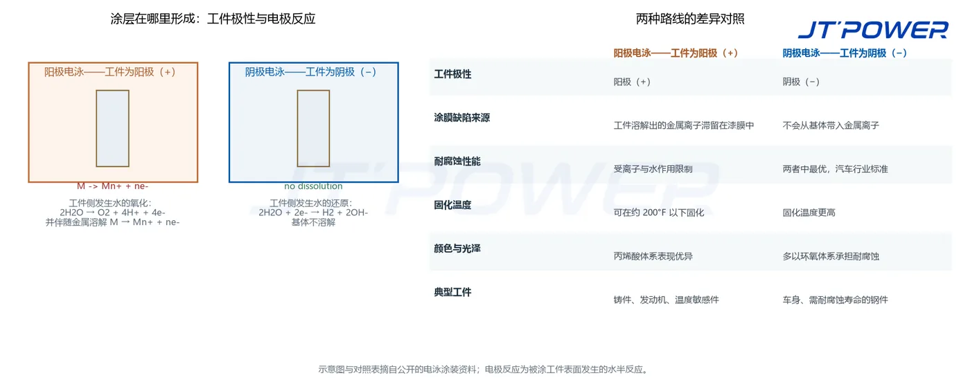 阳极电泳与阴极电泳的工件极性、电极反应与工艺差异对比图