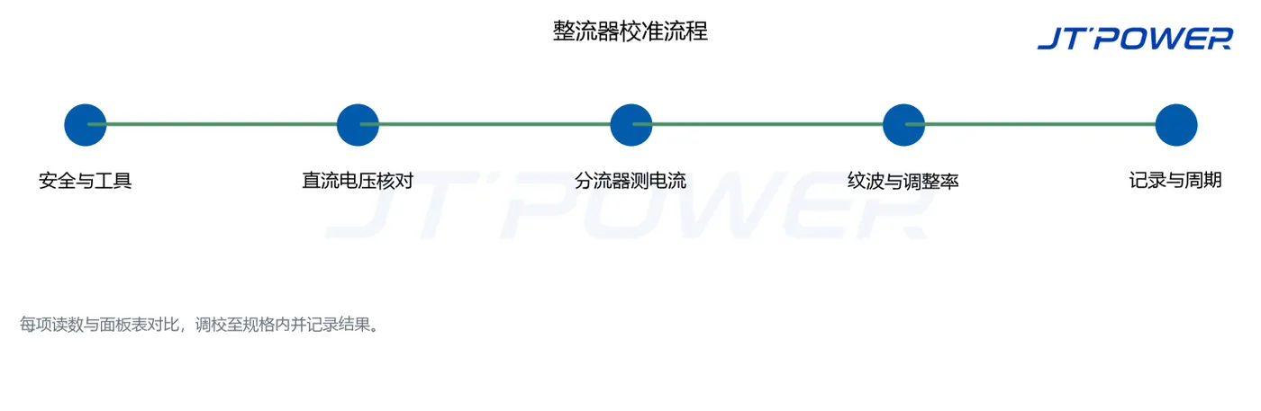 整流器校准流程图,从安全与工具到电压、电流、纹波和记录步骤