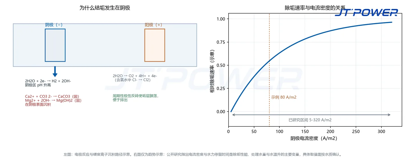 电化学除垢阴阳极反应与结垢机理示意图，以及除垢速率与电流密度关系曲线