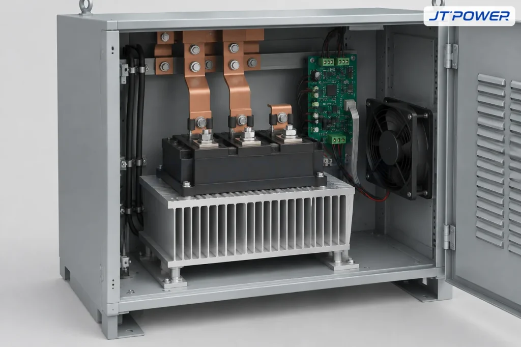 IGBT 功率模块安装在翅片散热器上、位于工业整流器机柜内的工程示意图