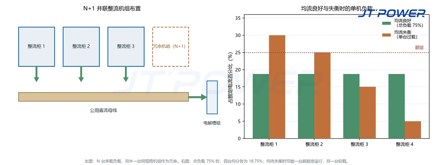 N+1 并联整流机组布置示意图与均流良好/失衡时单机负载对比柱状图