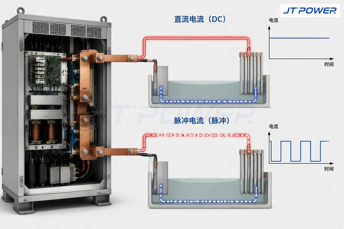 阳极氧化槽工程剖面图，展示整流器母排、阴极板和工件挂料电流路径